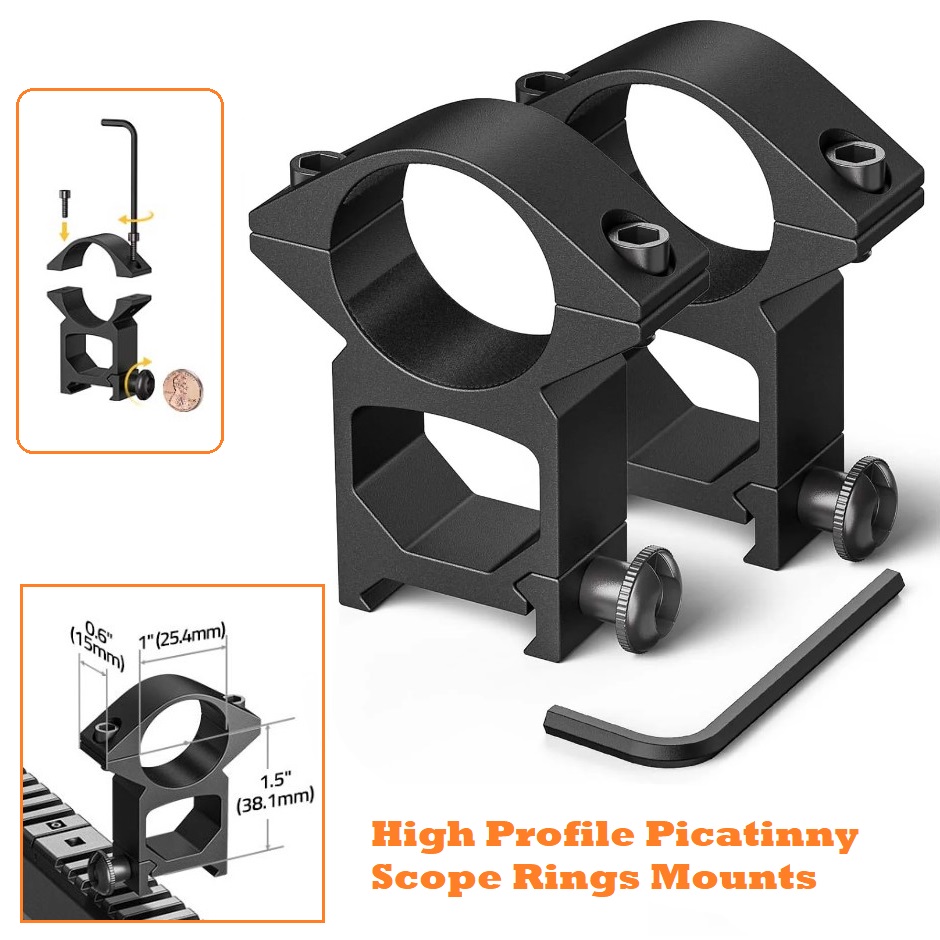 High Profile Picatinny Scope Rings Mounts - Compatible with Weaver Rails