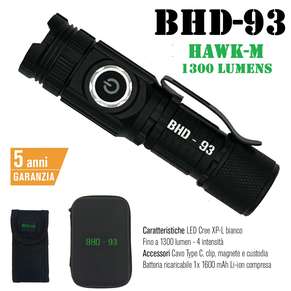 BHD‑93 Hawk‑M Pocket Flashlight – Torcia LED Ricaricabile USB-C -1300 Lumen – Base Magnetica (LIN003M)