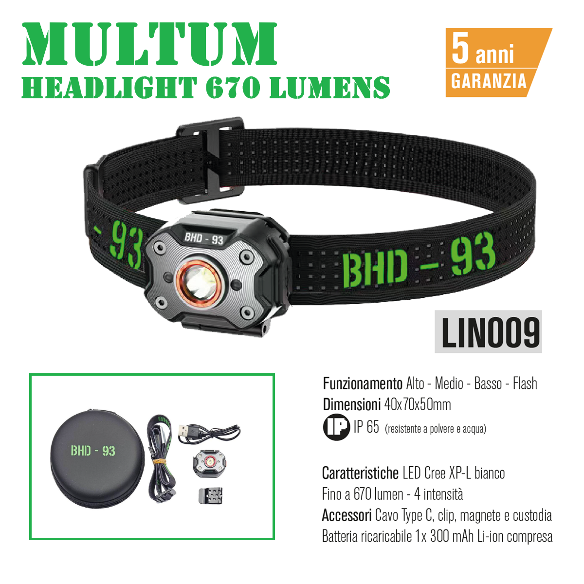 BHD-93 MULTUM TORCIA FRONTALE LED - RICARICABILE -670 LUMEN(LIN009)
