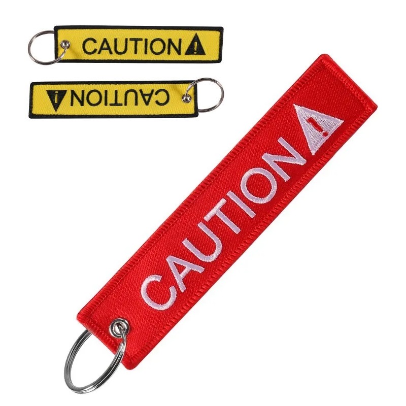 "CAUTION" Keychain - portachiavi ricamato ambo i lati