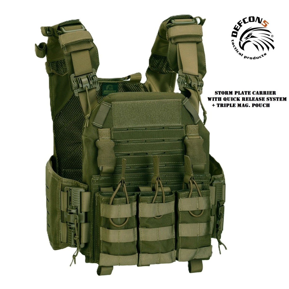 DEFCON 5 STORM PLATE CARRIER OLIVE DRAB WITH QUICK RELEASE SYSTEM + TRIPLE MAG. POUCH(D5-BAV23)