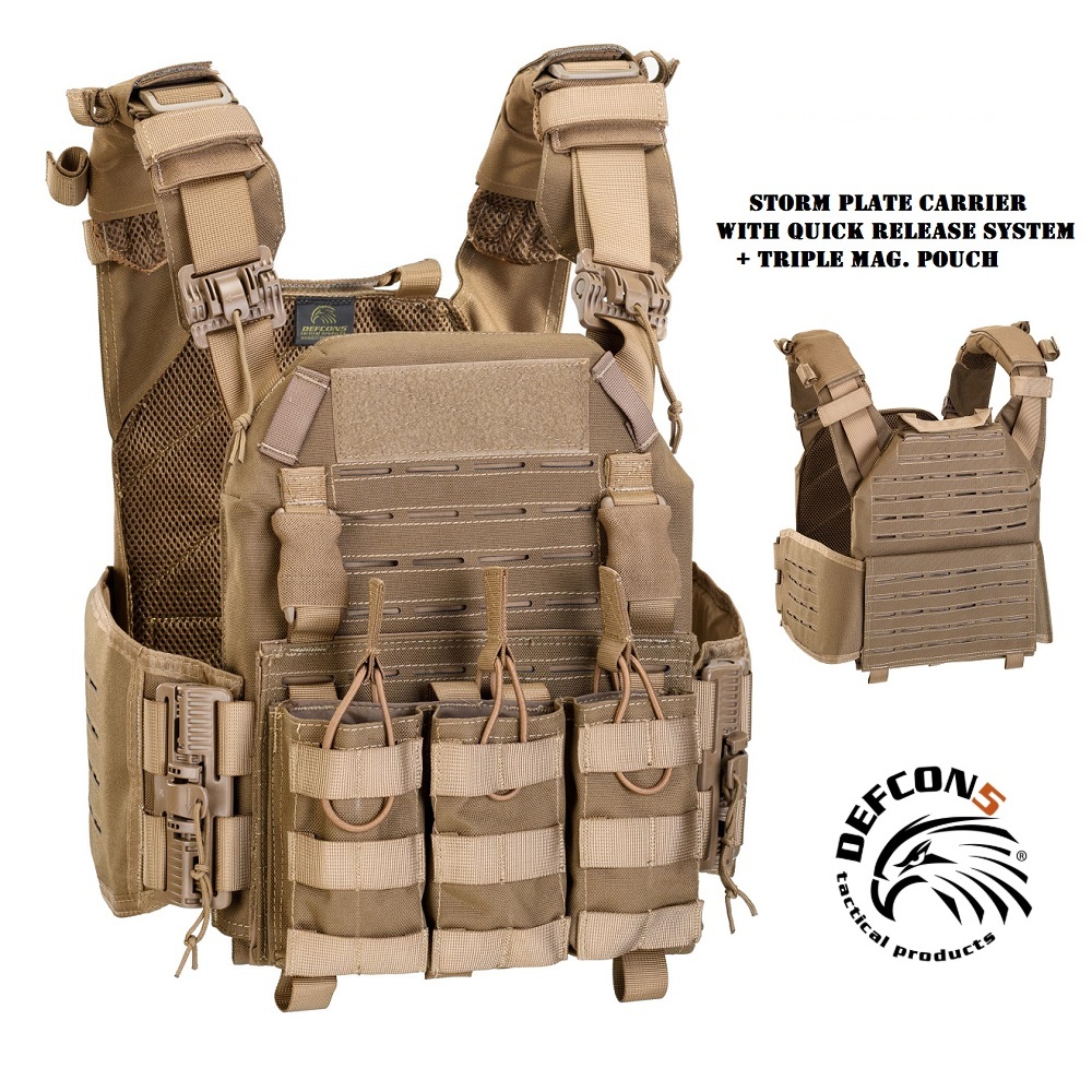 DEFCON 5 STORM PLATE CARRIER COYOTE WITH QUICK RELEASE SYSTEM + TRIPLE MAG. POUCH(D5-BAV23)