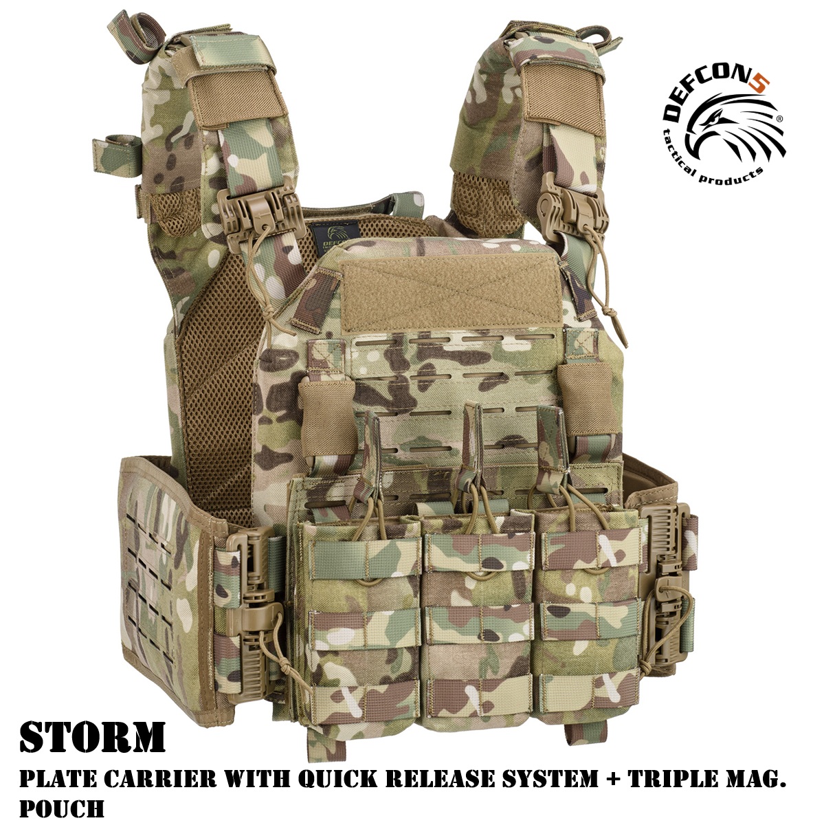 DEFCON5 STORM PLATE CARRIER MULTI CAMO WITH QUICK RELEASE SYSTEM + TRIPLE MAG. POUCH (BAV23)