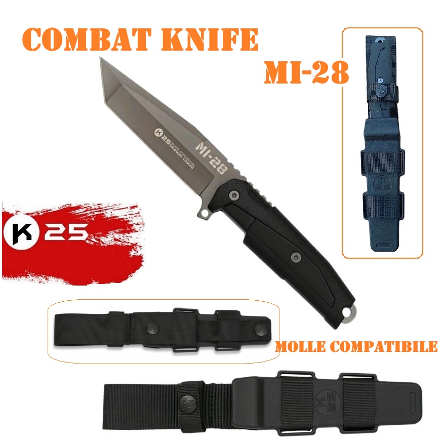 K25 MI‑28 Coltello Tattico a Lama Fissa – Acciaio 7Cr17MoV Titanium Coated – Fodero ABS/Nylon MOLLE (32391)