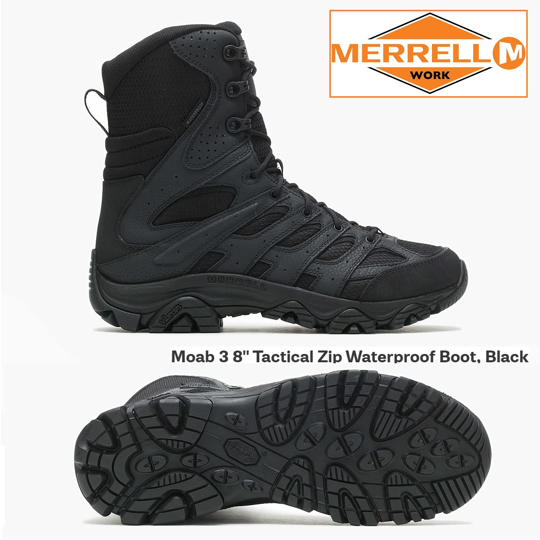 MERRELL Men's Moab 3 8" Tactical Zip Waterproof Boot BLACK (J003907)