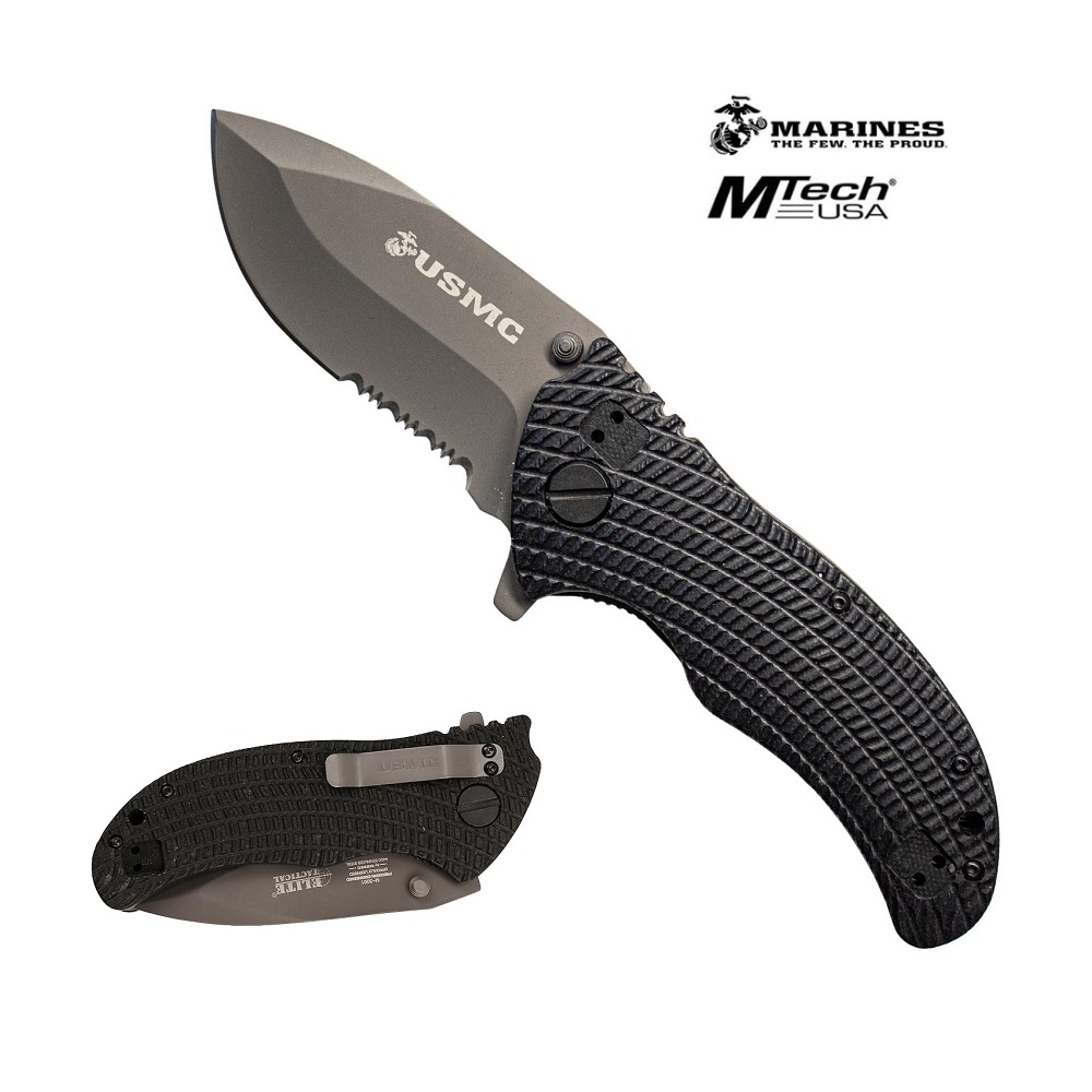 M-TECH USMC DEVIL DOG FOLDING KNIFE BLACK (M-300S) lama a filo combinato