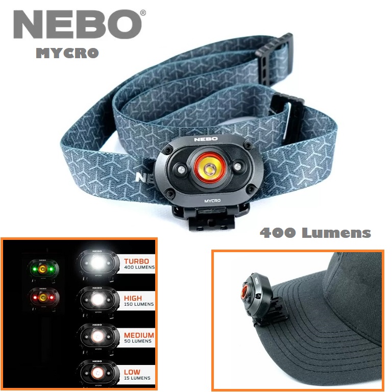 NEBO MYCRO headlamp & cap light rechargeable- 400 lumens (neb-hlp-0011-g ) Lampada Frontale ricaricabile