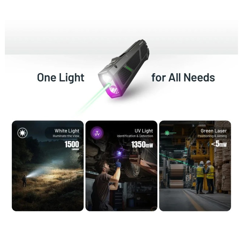 Nitecore EDC17 -Torcia LED con Luce Bianca, UV e Laser Verde - 1500 lumens e 230 metri - Ricaricabile USB-C - Image 3