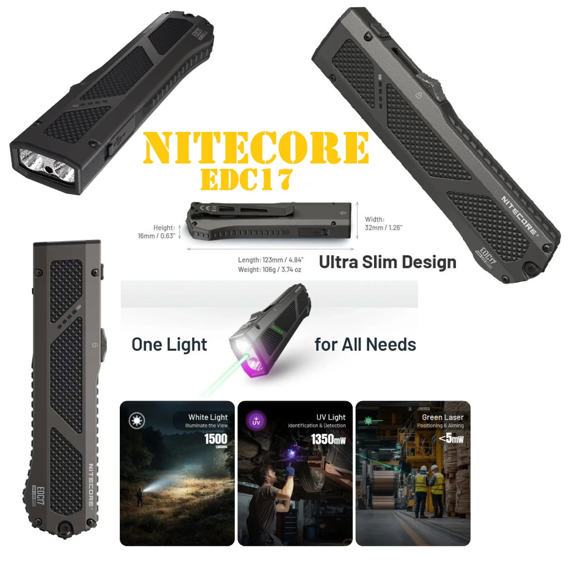 Nitecore EDC17 -Torcia LED con Luce Bianca, UV e Laser Verde - 1500 lumens e 230 metri - Ricaricabile USB-C