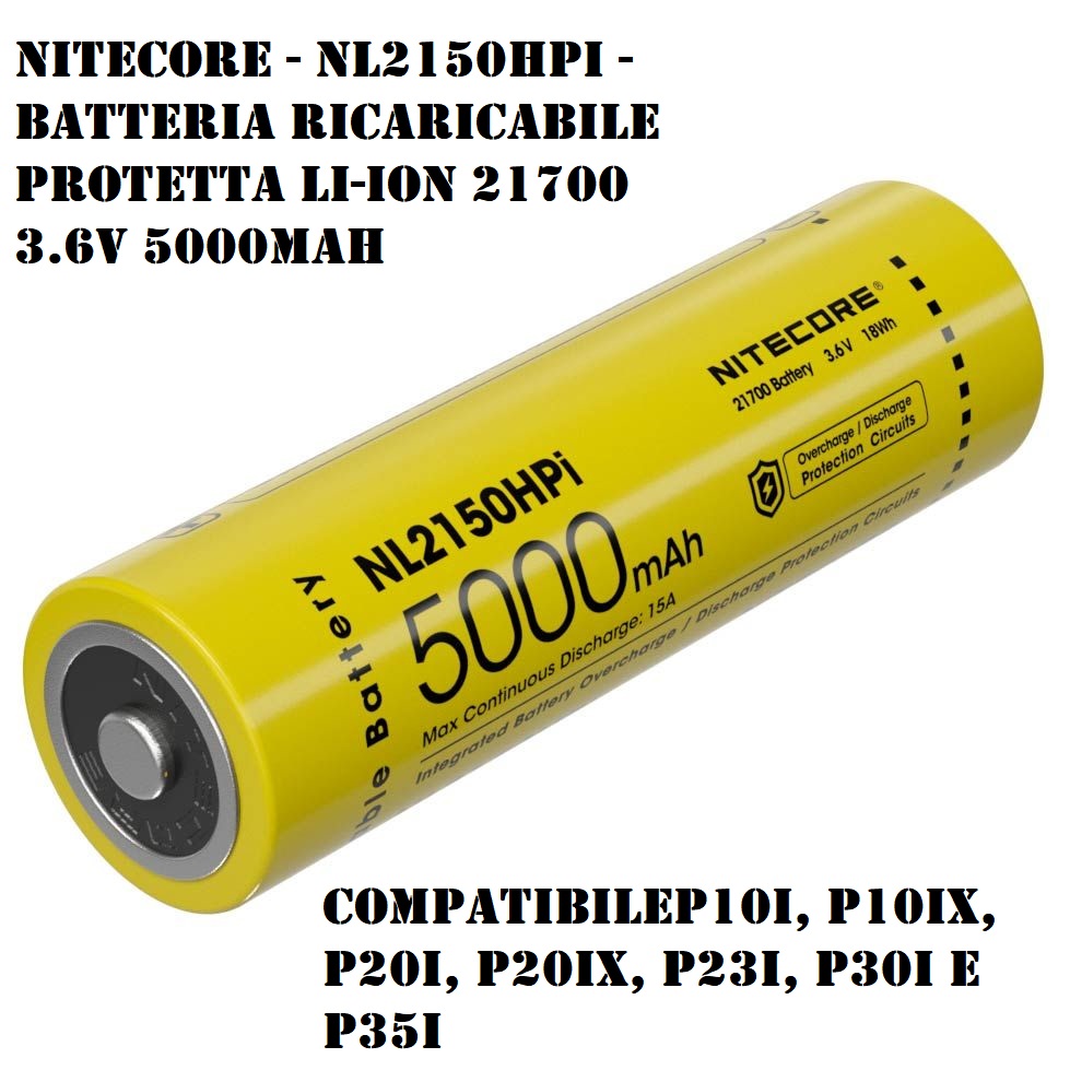 Nitecore - NL2150HPi - Batteria ricaricabile protetta Li-Ion 21700 3.6V 5000mAh 15A