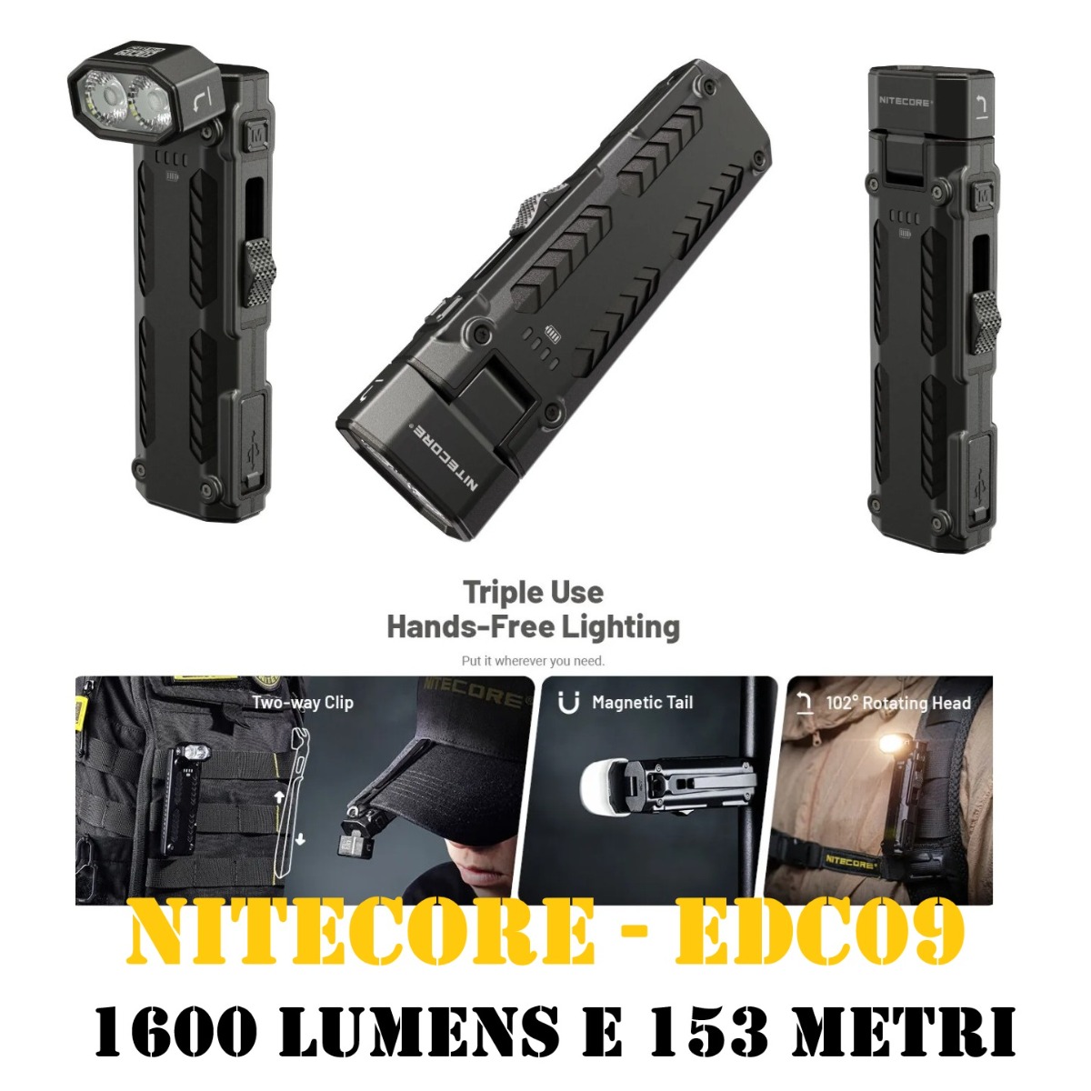 Nitecore EDC09 - 1600 lumens e 153 metri - Torcia LED MCT con temperatura multipla di colore - Ricaricabile USB-C