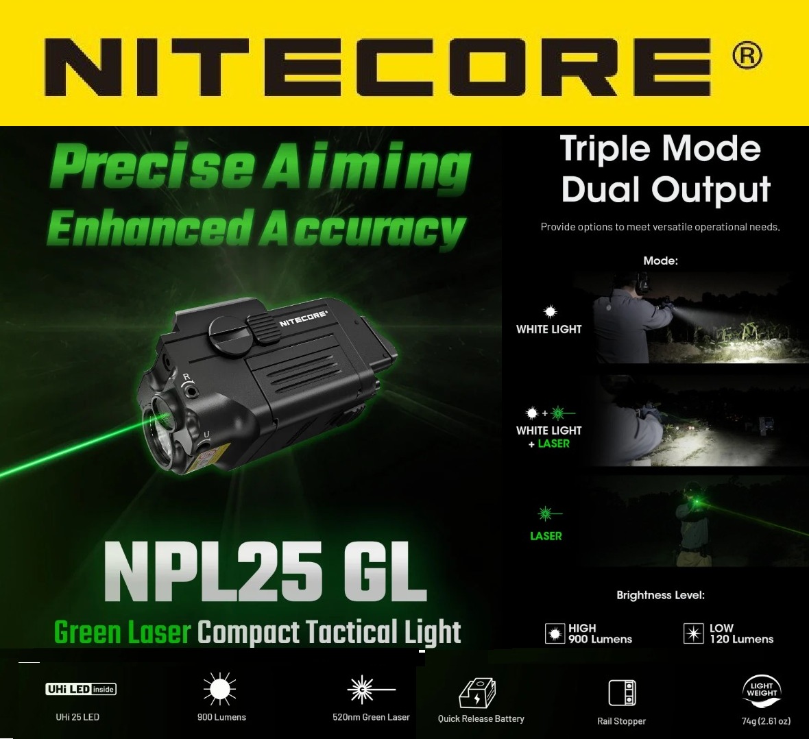 Nitecore - NPL25 GL - Green Laser Tactical Light 900 lumens - 255 metri - ricaricabile