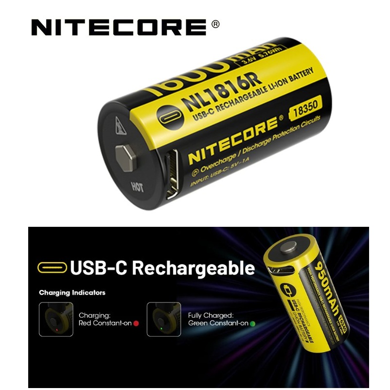 Nitecore NL169R - Batteria Li-ion da 950mAh - Ricaricabile tramite USB-C - RCR123A 16340 