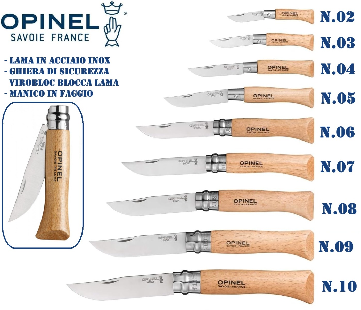 OPINEL INOX - Coltello chiudibile con blocco sicurezza e manico in faggio
