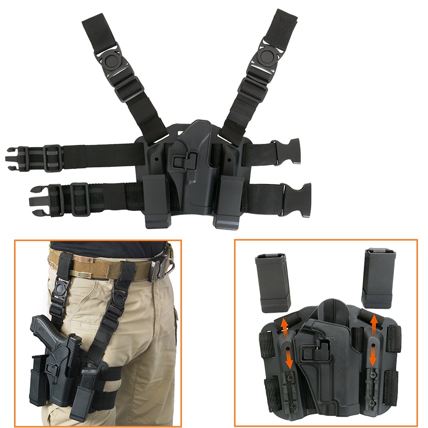 HOLSTER WITH DROP LEG PLATFORM FOR GLOCK SERIES - BLACK - FONDINA COSCIALE IN POLIMERO