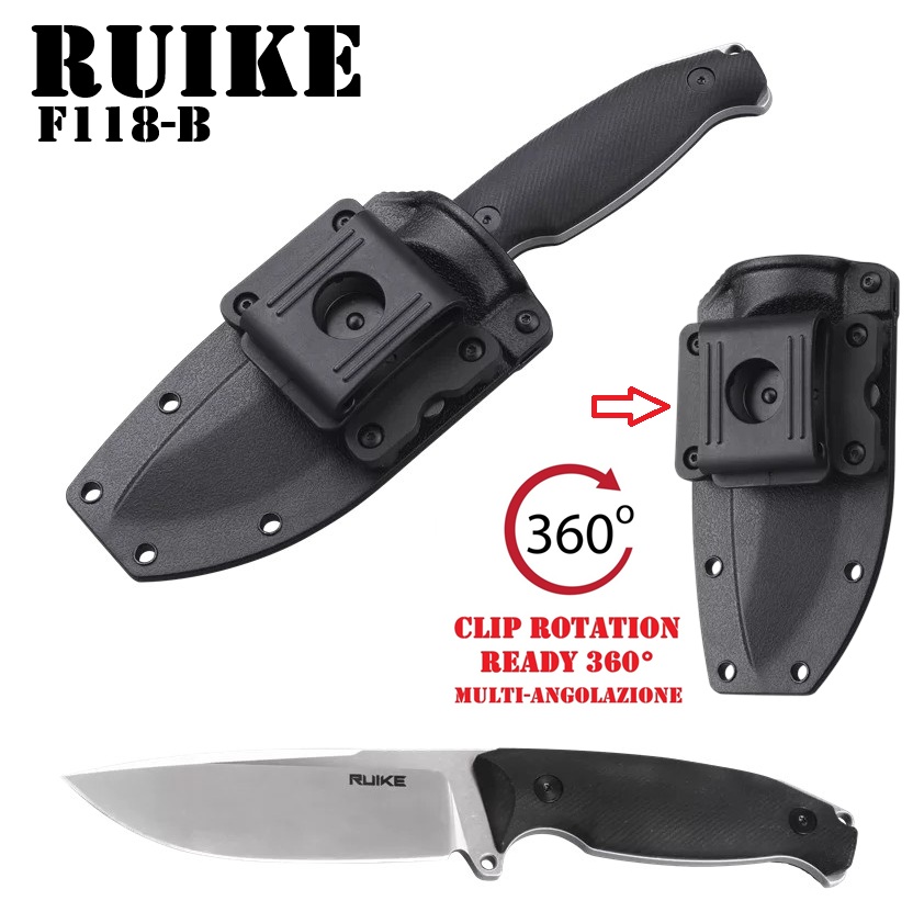 RUIKE F118-B Fixed Knife Black - custodia in ABS con clip girevole da cintura