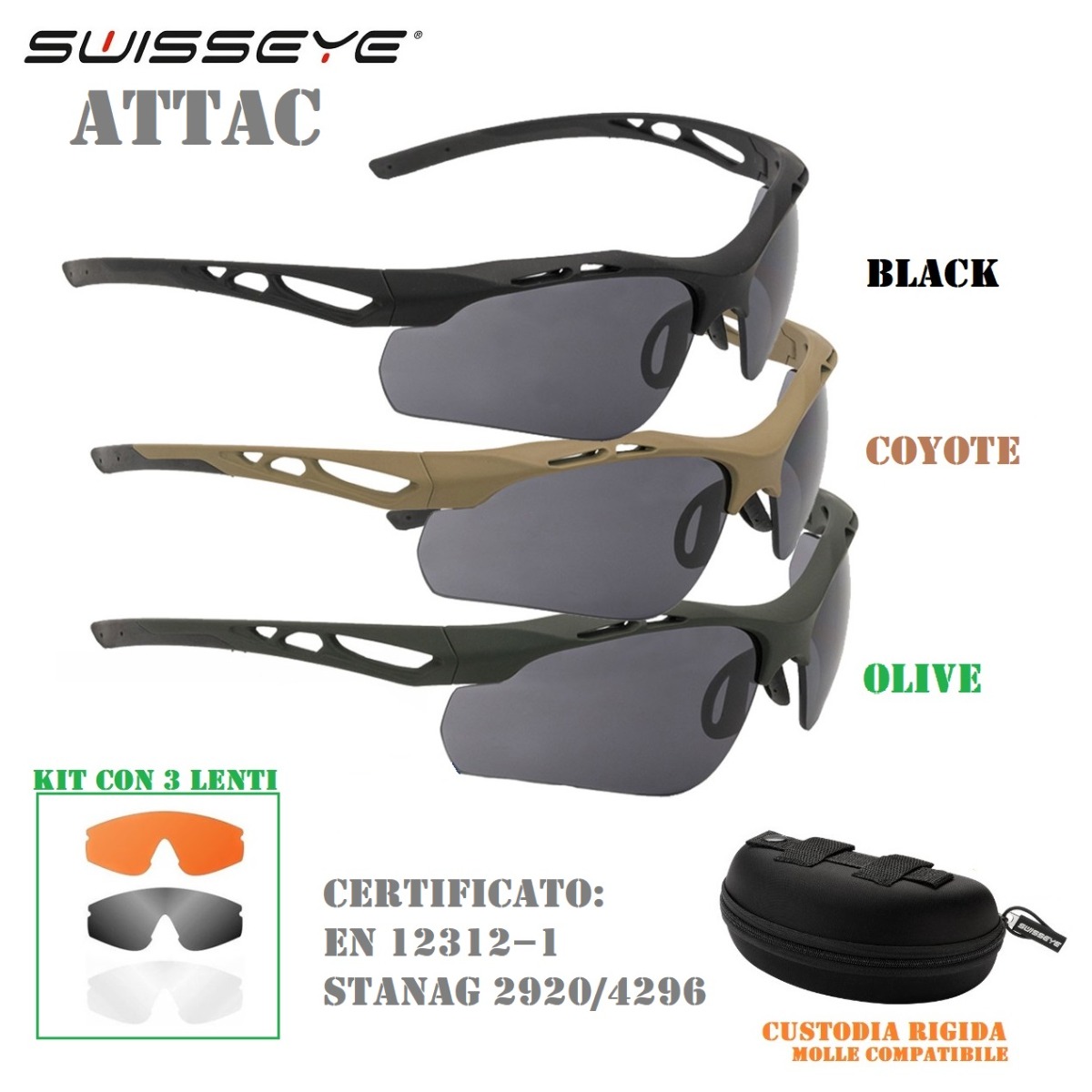 SWISSEYE ATTAC tactical eyewear protection - kit 3 lenti + custodia rigida (40391)