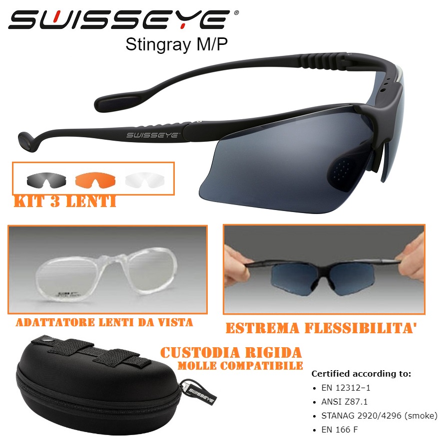 SWISSEYE STINGRAY M/P BLACK OCCHIALE BALISTICO - KIT 3 Lenti+custodia rigida+adattatore lenti da vista (40201)