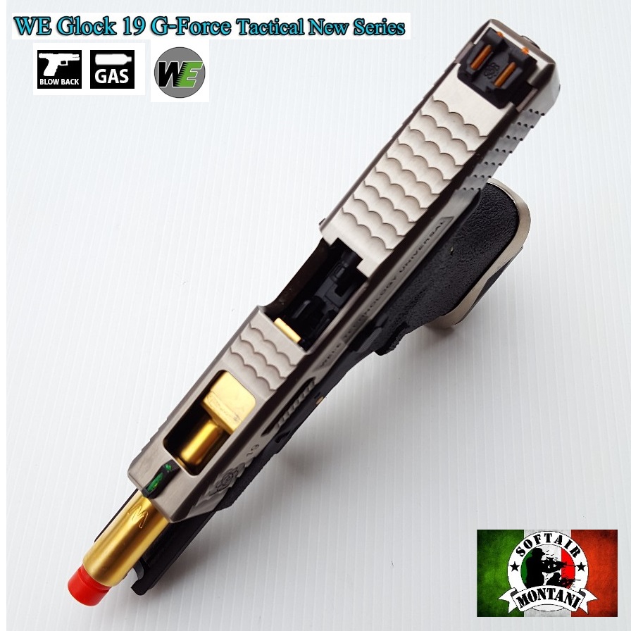 WE GLOCK 19 G FORCE BLACK - carrello cromato/gold - immagine 2