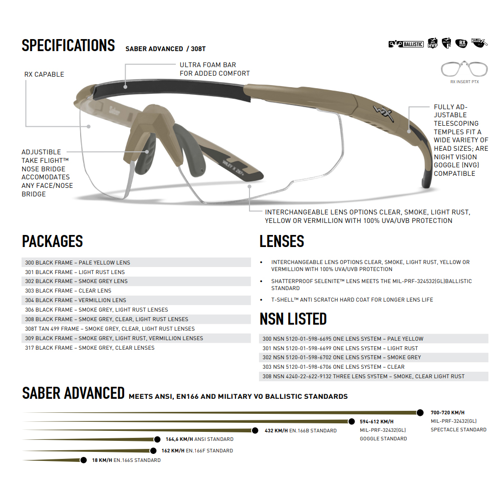 Wileyx SABER Advanced Balistic TAN- kit 3 lenti+custodia semirigida (mod.308T) - immagine 6