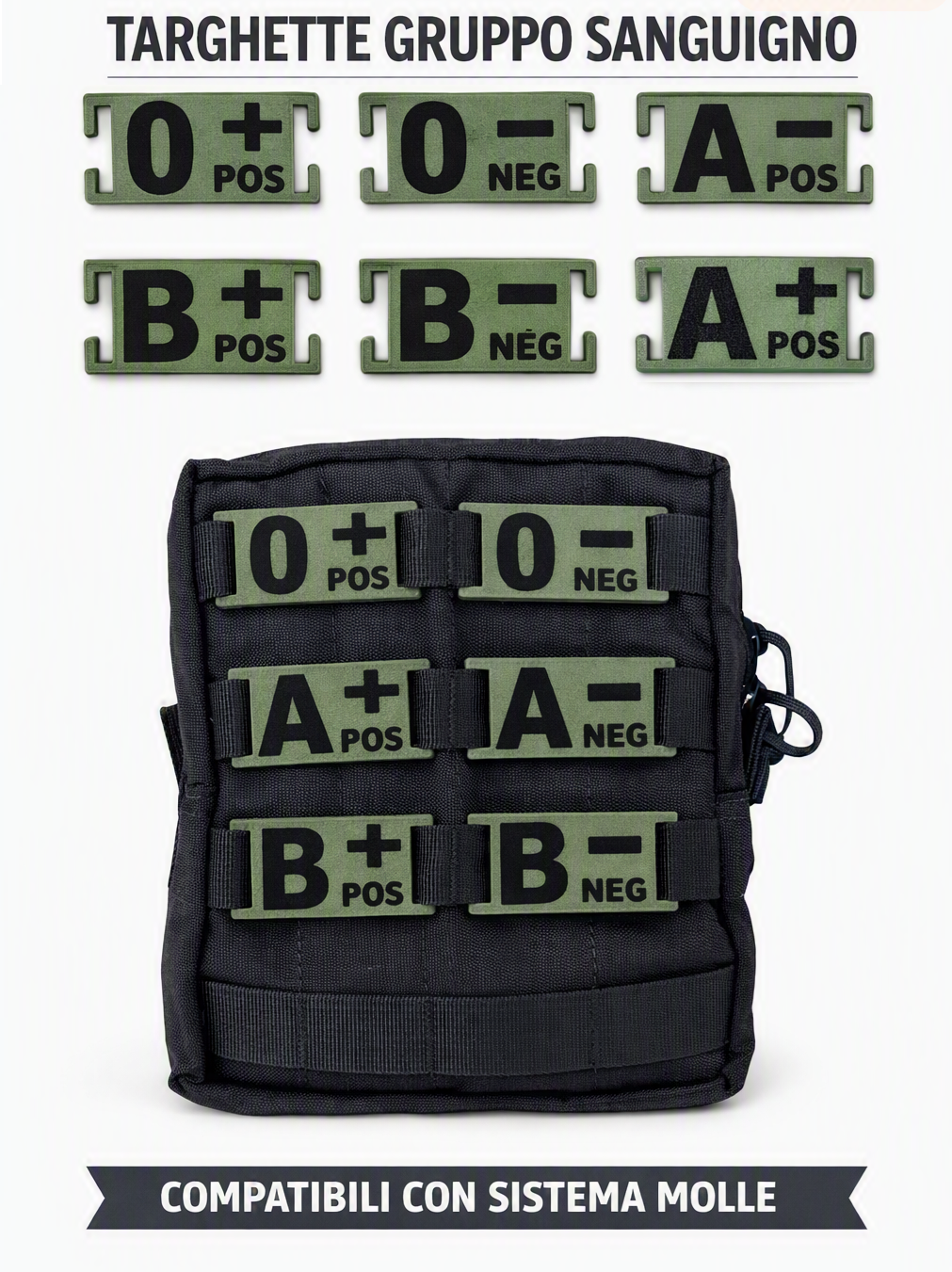 Gruppo Sanguigno Olive/Black- su piastrina di plastica MOLLE compatibile- 6 x 3 cm