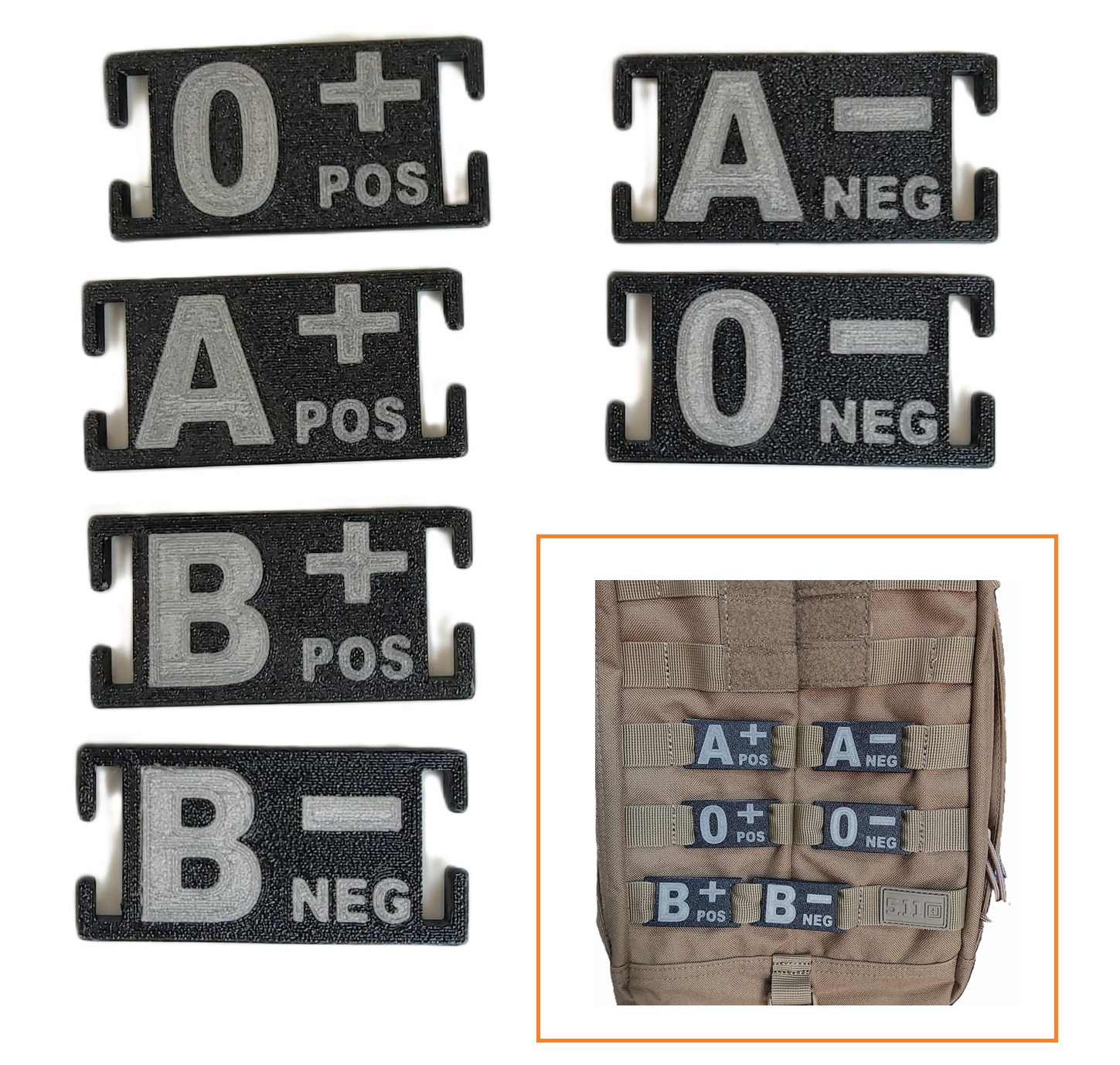 Piastrina Gruppo Sanguigno Nera - MOLLE compatibile- 6 x 3 cm - plastica