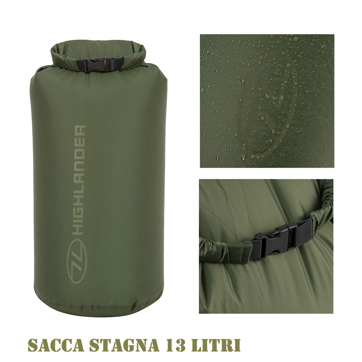Highlander Dry Sack 13L Olive · Sacca Stagna · 5000 mm HH · XTP LITE
