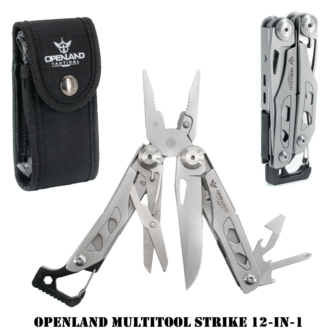 Openland Multitool Strike 12‑in‑1 · Multifunzione Tattico · Martello & Moschettone