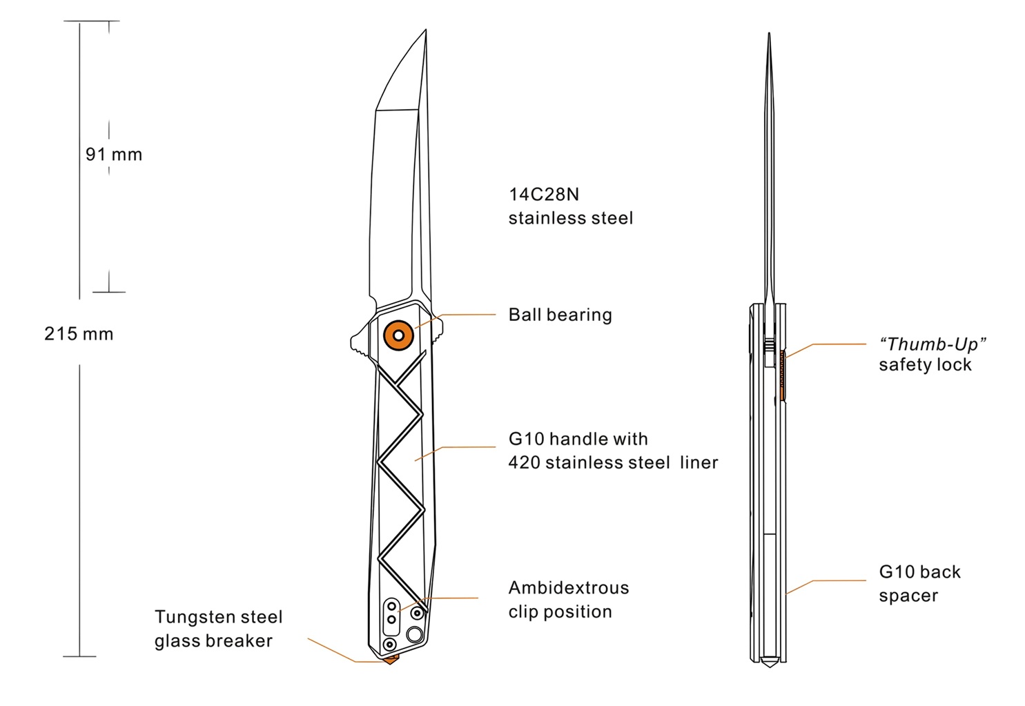RUIKE P127‑B Black · Coltello Pieghevole 14C28N · G10/Carbon · Ball Bearings · Thumb Up - immagine 3