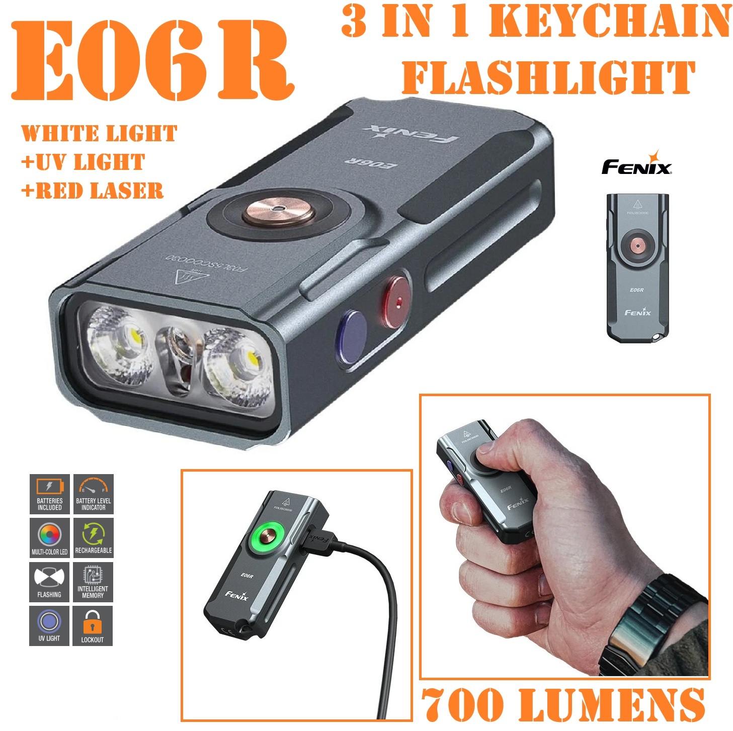 Fenix E06R · Torcia Portachiavi 700 Lumen · LED UV · Laser Rosso · USB‑C · IP66