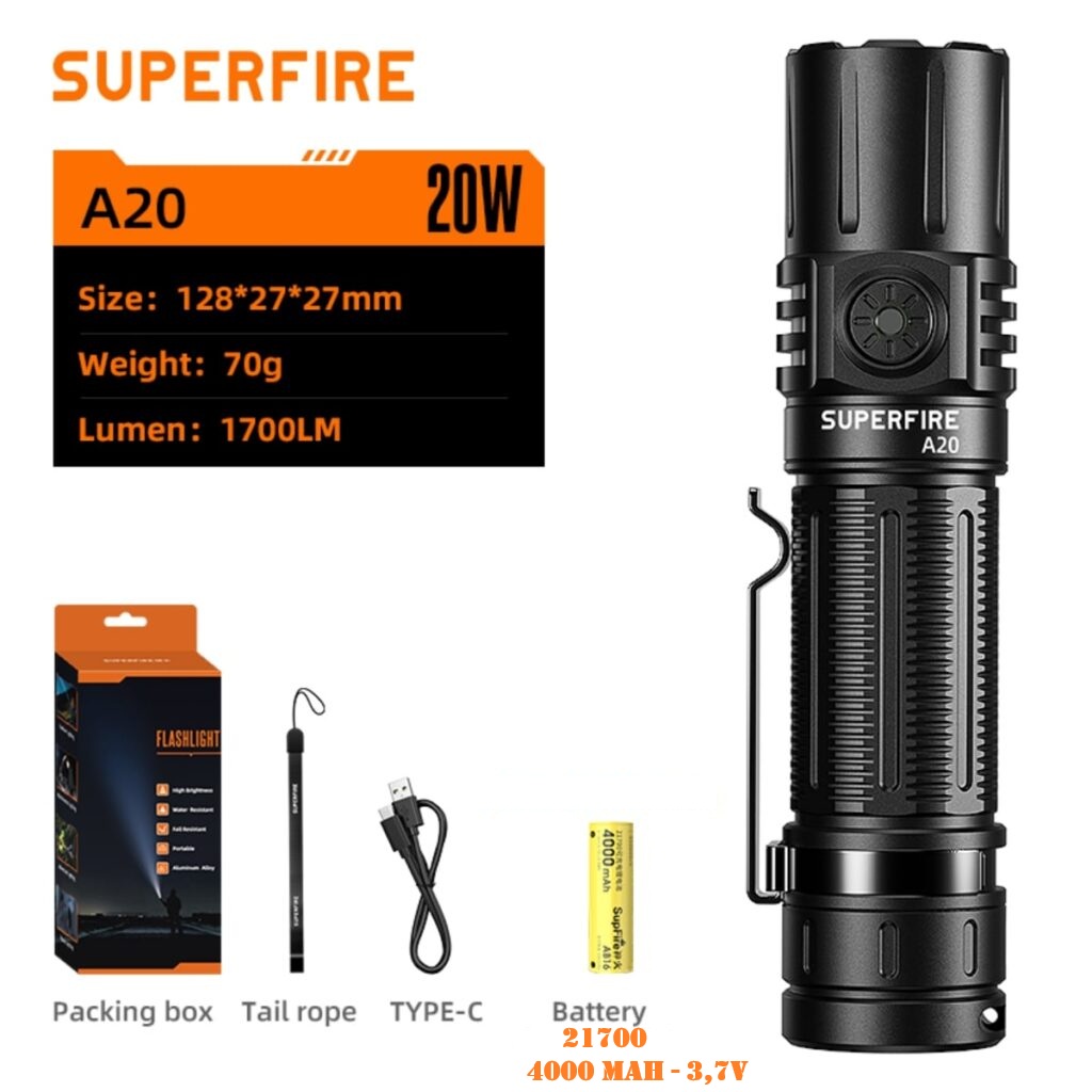 SUPERFIRE A20 Tactical Flashlight – 1700 Lumens - immagine 2